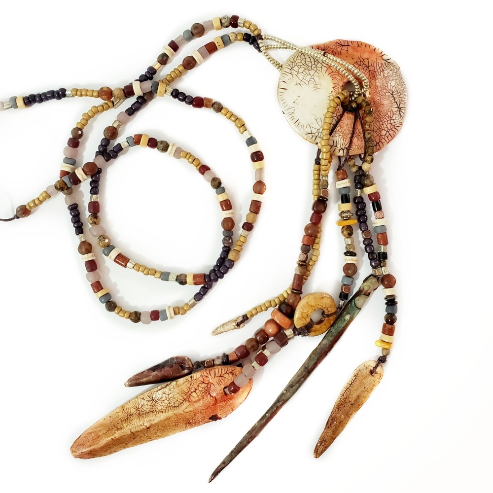 Artisan Beaded Polymer Earthy Tassel Necklace